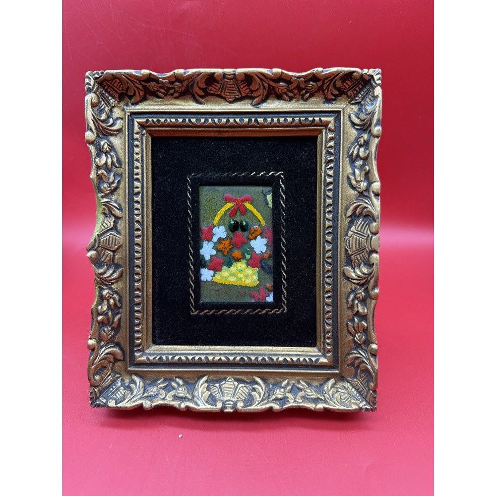 Vintage 3D Ceramic Tile Floral Bouquet Miniature Framed Art 7"x 6"